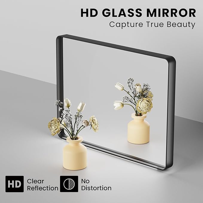 JISOSO Black Bathroom Mirror 38X38 Inch, Black Metal Framed Mirror for Wall, Rounded Rectangle Matte Bathroom Vanity Mirror with Tempered Glass, Anti-Rust, Horizontal/Vertical