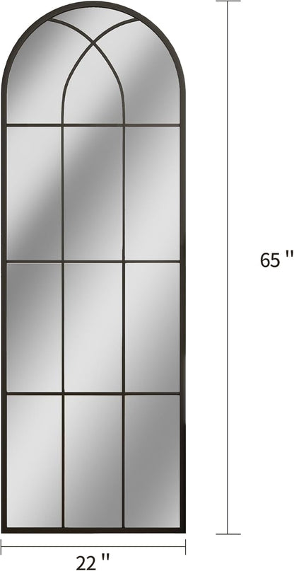 65"x 22" Arched Full Length Window Wall Mirror,Winndow Pane Mirror, Farmhouse Arched-Top Mirror with Metal Framed, Rustic Decorative Mirrors - Black