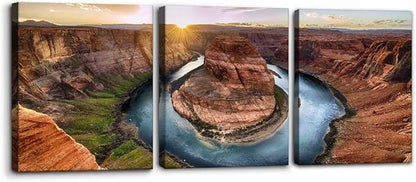 Pacimo 3 Piece Canvas Wall Art - Sunset Moment at Horseshoe Bend Colorado River Grand Canyon National Park Arizona Landscape Modern Home Art Decor Stretched and Framed Ready to Hang - 12"x16"x3 Panel