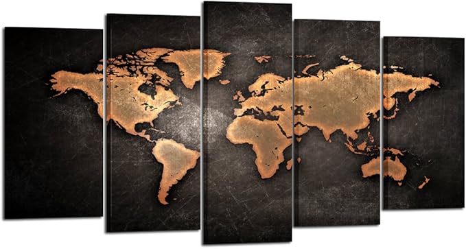 KREATIVE ARTS Retro World Map Poster Framed 5 Pcs Giclee Canvas Prints Vintage Abstract World Map Painting Printed on Canvas Ready to Hang for Living Room Office Decor Gift