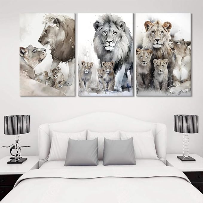 Lion Family Portrait Pictures Wall Decor Artwork Modern 3 Piece Lion Poster Wall Art Animal Canvas Paintings Living Room Home Office Decorations, Framed 72”W x 36”H