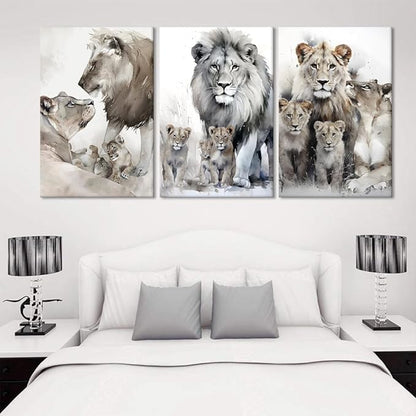Lion Family Portrait Pictures Wall Decor Artwork Modern 3 Piece Lion Poster Wall Art Animal Canvas Paintings Living Room Home Office Decorations, Framed 72”W x 36”H