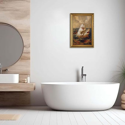 YD&YZY Gold Framed Funny Cat Bathroom Wall Art Canvas Vintage Quirky Humor Wall Decor Cat Riding Shark Martini Painting Picture Print Artwork for Bedroom Living Room Bathroom 16x24 inch Framed