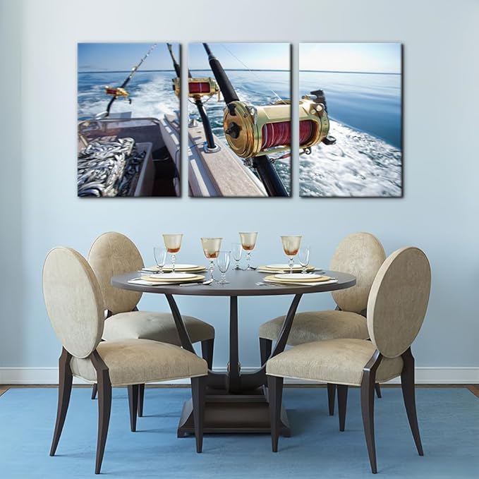 Pacimo 3 Pieces Canvas Wall Art Fishing Reels and Rods Pictures Prints Wall Decor for Living Room Angling Gallery-Wrapped Modern Artwork White Sea Wave Paintings Bedroom House Decor Framed - 16"x24"x3