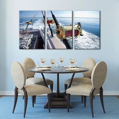 Pacimo 3 Pieces Canvas Wall Art Fishing Reels and Rods Pictures Prints Wall Decor for Living Room Angling Gallery-Wrapped Modern Artwork White Sea Wave Paintings Bedroom House Decor Framed - 16"x24"x3