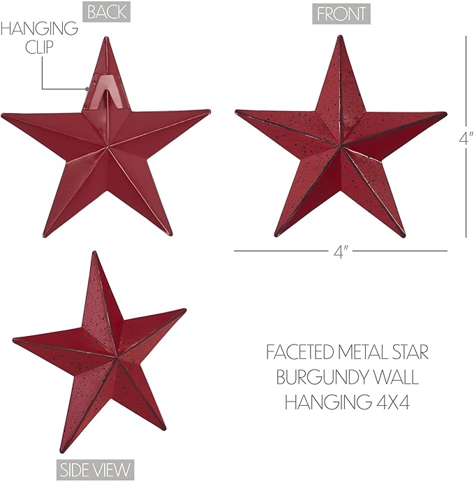 VHC Brands Patriotic Faceted Metal Star Burgundy Wall Hanging 4x4, Independence Day Decor, American Star Design, Distressed Appearance Metal Wall Hanging, Star Shape, Country, Burgundy