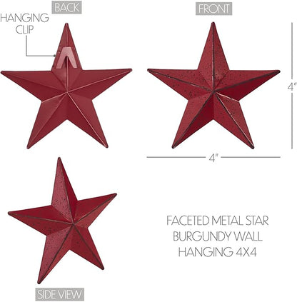 VHC Brands Patriotic Faceted Metal Star Burgundy Wall Hanging 4x4, Independence Day Decor, American Star Design, Distressed Appearance Metal Wall Hanging, Star Shape, Country, Burgundy