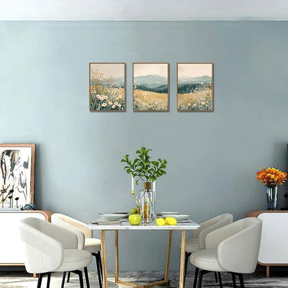KISSFOX 3 Piece Framed Wildflower Wall Art Floral Wall Decor Landscape Flower Pictures Mountain Canvas Art Daisy Paintings Farmhouse Artwork For Bedroom Bathroom Living Room