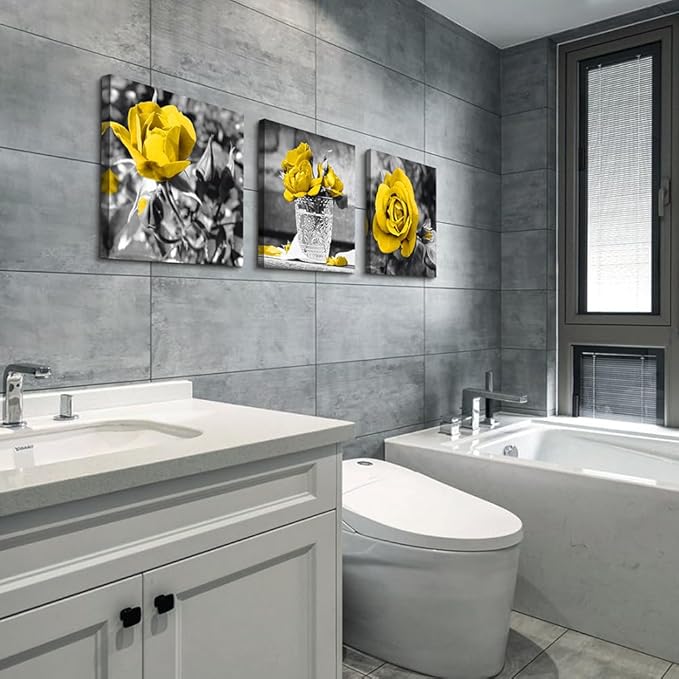 Lapremoly Wall Decor For Bedroom Canvas Wall Art For Kitchen Restaurant Black And White Wall Painting Yellow Rose Pictures Print Art Ready To Hang Girls Gift Room Modern Home Decoration 16"X16"