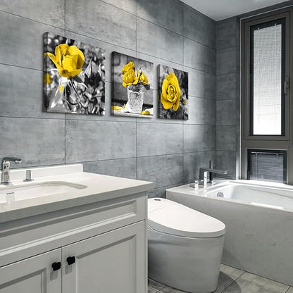 Lapremoly Wall Decor For Bedroom Canvas Wall Art For Kitchen Restaurant Black And White Wall Painting Yellow Rose Pictures Print Art Ready To Hang Girls Gift Room Modern Home Decoration 16"X16"