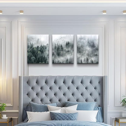 MHARTK66 Canvas Wall Art for Living Room - Modern Decorations for Bedroom, Foggy Forest Trees Landscape Painting - Office Decor Ready to Hang, Framed Pictures, 12x16 3 Panels