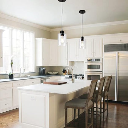 Modern Black Farmhouse Clear Glass Cylinder Pendant Light Fixture,Island Lights for Kitchen,Mini Pendant Lighting for Kitchen Island Decor - 4.75 Inch Shade, 2-58 Inch Cord(1 Pack)