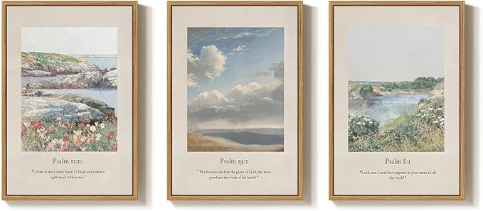 Framed Christian Wall Art for Living Room, Set of 3 Green Landscape Biblical Verse Canvas Prints Artwork for walls, Vintage Psalm Scripture Wall Decor, Dining Room Bedroom Prayer Room, 16x24 Inch