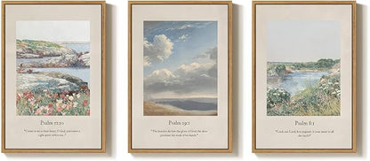 Framed Christian Wall Art for Living Room, Set of 3 Green Landscape Biblical Verse Canvas Prints Artwork for walls, Vintage Psalm Scripture Wall Decor, Dining Room Bedroom Prayer Room, 16x24 Inch