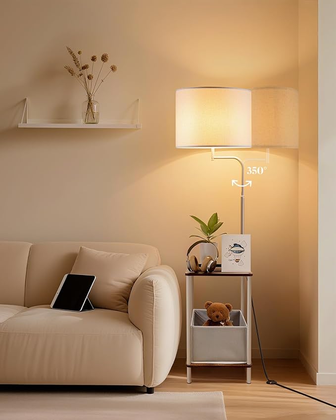 Lightdot 56" Floor Lamp with Table & Storage Bag, Dimmable Corner End Table Lamps with 350° Rotatable Fabric Lampshade, Mid Century Floor Lamps for Living, Room Bedroom, Office, E26 Bulb Include-White