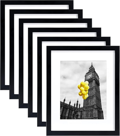 11x14 Picture Frame Set of 6 with Plexiglass, Display Pictures 8x10 with Mat or 11x14 Without Mat for Tabletop Display and Wall Mounting Black