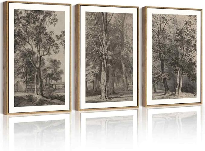 PHOPAGO Vintage Tree Framed Wall Art Large 16x24in Retro Forest Wall Decor Nature Wilderness Sketch Paints Modern Bedroom Living Room Decor - Natural Framed