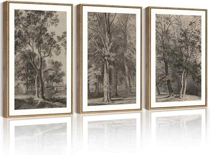 PHOPAGO Vintage Tree Framed Wall Art Large 16x24in Retro Forest Wall Decor Nature Wilderness Sketch Paints Modern Bedroom Living Room Decor - Natural Framed