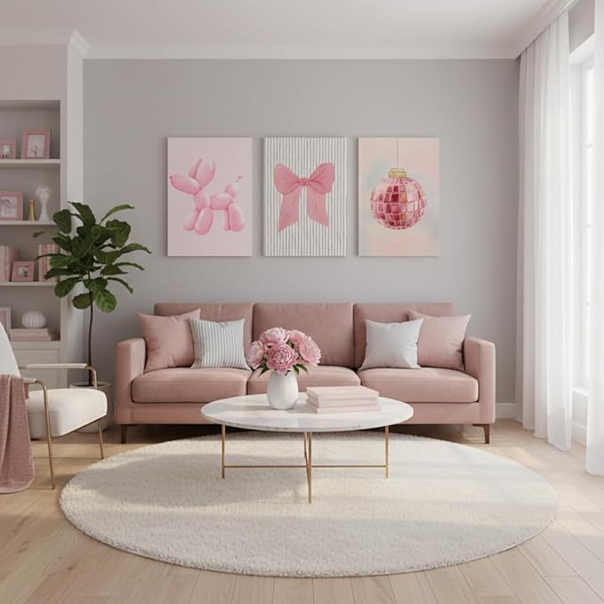 Yxjyzzkx Pink Cute Wall Art Set of 3 – Aesthetic Canvas Prints for Girls Room, Nursery & Kids Bedroom, Pink Bow Balloon Dog Chandelier Artwork, Modern Kawaii Wall Decor