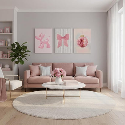 Yxjyzzkx Pink Cute Wall Art Set of 3 – Aesthetic Canvas Prints for Girls Room, Nursery & Kids Bedroom, Pink Bow Balloon Dog Chandelier Artwork, Modern Kawaii Wall Decor