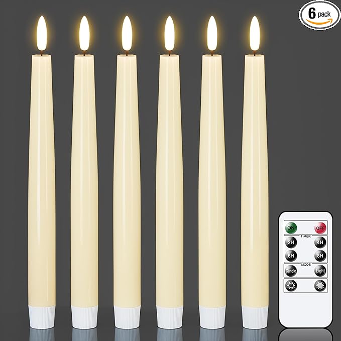 GenSwin Flameless Taper Candles with Remote, Ivory LED Taper Candles Battery Operated, Real Wax Flameless Candlesticks with 3D Wick for Home Halloween Christmas Decor(Set of 6, 0.78” x 9.84”)