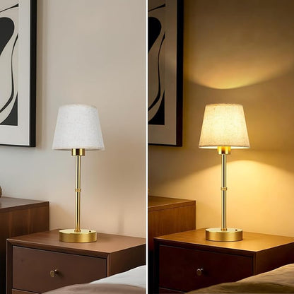 FRIDEKO HOME Rechargeable Table Lamp Gold - Cordless Battery Operated Lamp, Fabric Shade Desk Lamp, Wireless Lamp for Decor Bedroom Dining Table Counter (2pcs-Linen-Bulb Included-15.7in)