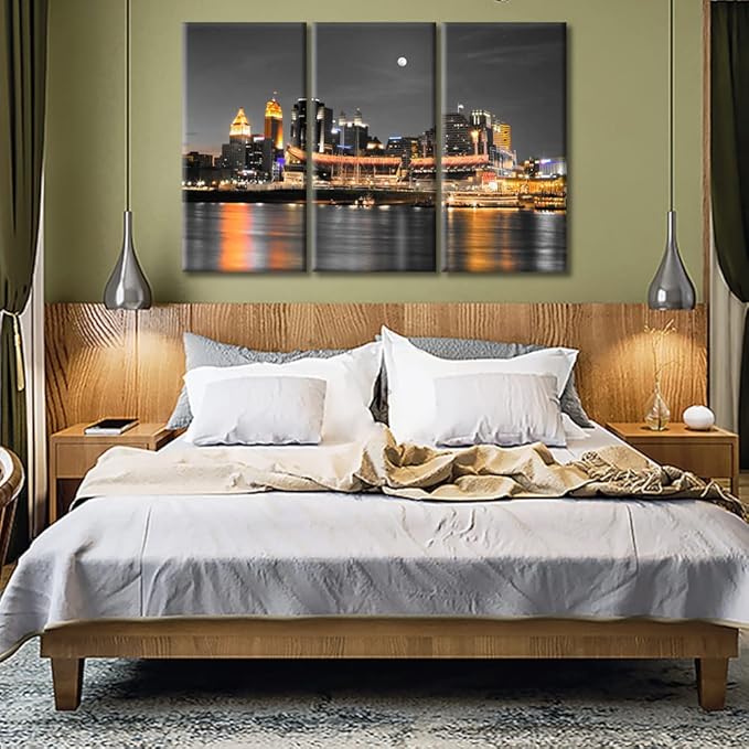 Cincinnati Ohio City Skyline Modern Home Decor American Cityscape Pictures Wall Art for Bedroom, Living Room, Office. 3 Panels Skyscrapers House Decor Ready to Hang (60" Wx40 H)