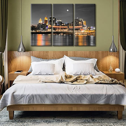 Cincinnati Ohio City Skyline Modern Home Decor American Cityscape Pictures Wall Art for Bedroom, Living Room, Office. 3 Panels Skyscrapers House Decor Ready to Hang (60" Wx40 H)