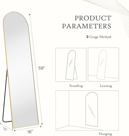 Arched Mirror Full Length, Upgraded 16"x59" Body Wall Mirrors with Shatter-Proof Glass, Floor Standing, Hanging or Leaning, Tall Arch Mirror with Stand Aluminum Alloy Frame for Bedroom Cloakroom