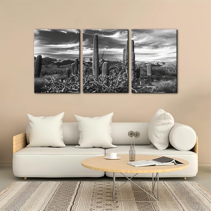 Pacimo 3 Pieces Black and White Canvas Wall Art Sunset Landscape of National Park Arizona Sonoran Desert Cactus Pictures Painting Prints on Canvas Modern Artwork for Home Office Decor - 20"x28"x3
