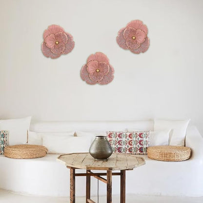 DILATATA 3 Pcs Metal Flower Wall Art Set 10 Inch Rustic Modern Floral Sculpture 3D Metal Flower Wall Hanging Accent for Indoor Living Room Bedroom Kitchen Bathroom Garden Patio Decor - Pink