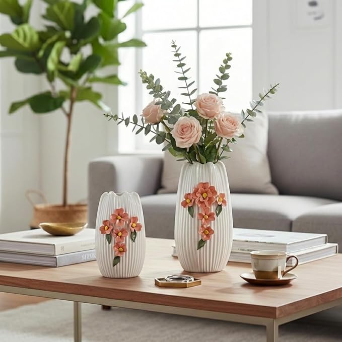 9 Inch White Flower Vase for Table, Modern Boho Ceramic Vases Home Decor, 3D Floral Textured Vase for Pampas Grass, Kitchen, Table, Bathroom, Fireplace Decor