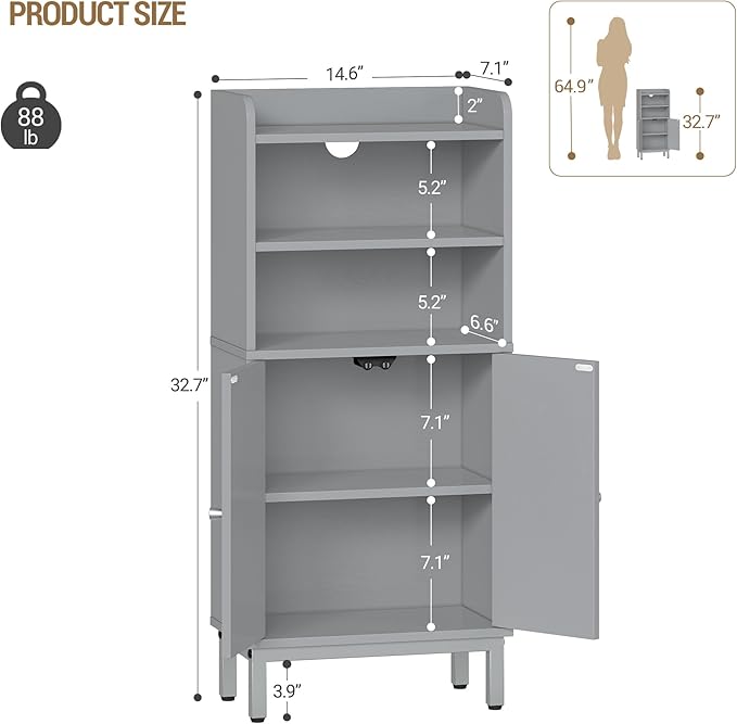 Hzuaneri Bathroom Storage Cabinet, Small Floor Cabinet with 2 Door and Shelves, Toilet Paper Cabinets, Bathroom Organizer with Adjustable Shelf, for Small Spaces Gray 7.1" D x 14.6" W x 32.7" H