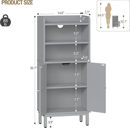 Hzuaneri Bathroom Storage Cabinet, Small Floor Cabinet with 2 Door and Shelves, Toilet Paper Cabinets, Bathroom Organizer with Adjustable Shelf, for Small Spaces Gray 7.1" D x 14.6" W x 32.7" H