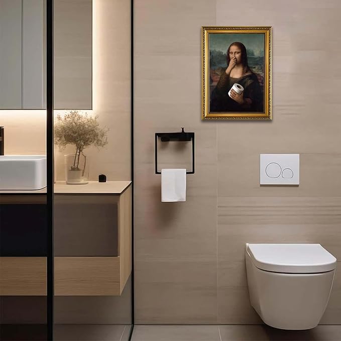 YD&YZY Gold Framed Bathroom Wall Art Mona Lisa Humor Amusing Toilet Art Pinching Nose Wall Decor Funny Vintage Painting Picture Print Whimsical Artwork Bathroom Restroom 12x16 inch Framed