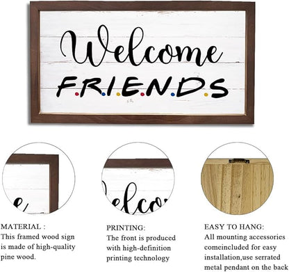 Welcome Friends Sign, Front Door Sign, Welcome Decoration for Porch, Entryway Decors, Rustic Home Party Decor, Wall Decor Art, Wooden Framed Wall Plaque, 15×7.5×0.3 inches