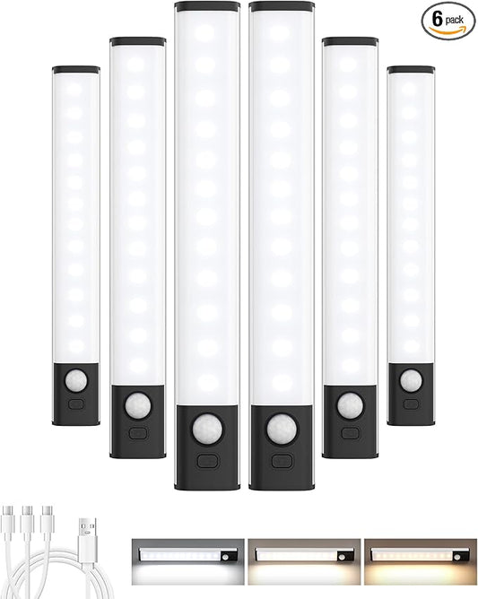 Under Cabinet Lighting,LED Closet Lights,Rechargeable Motion Sensor Light Indoor,3 Colors Dimmable,Magnetic Installation for Kitchen,Wardrobe,Bedroom,Drawer 6Pack