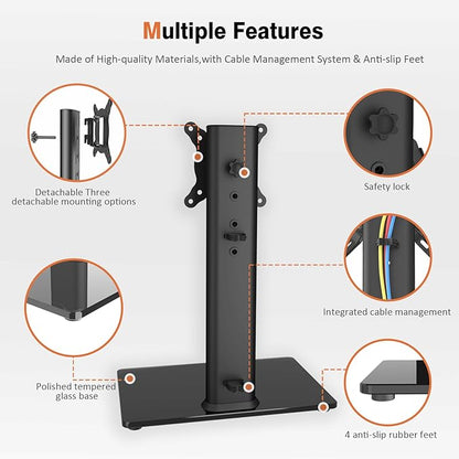 Universal Swivel TV Stand/Base Table Top TV Stand for 13 to 32 inch TVs with 100 Degree Swivel, 4 Level Height Adjustable, Heavy Duty Tempered Glass Base, Holds up to 77lbs, HT07B-001