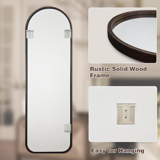 Niccy 66"×21" Wood Frame Arched Full Length Mirror, Free Standing & Wall-Mounted Mirrors, Large Body Hanging Mirror for Living Room, Explosion-Proof Decorative Vanity Mirrors for Bedroom, Black Walnut