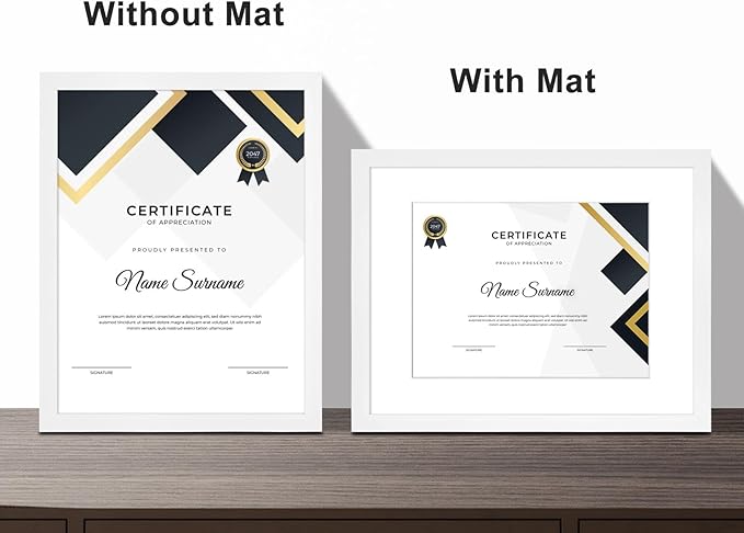 8.5x11 Picture Frame Set of 6, Certificate Document Frame, Diploma Frame, Display Pictures 6x8 with Mat or 8.5x11 Without Mat, White