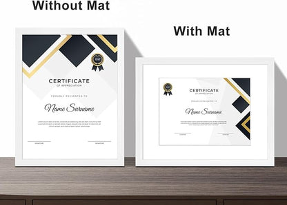 8.5x11 Picture Frame Set of 6, Certificate Document Frame, Diploma Frame, Display Pictures 6x8 with Mat or 8.5x11 Without Mat, White