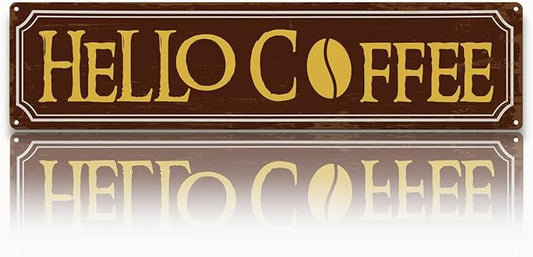 Hello Coffee Signs, Retro Metal Tin Sign, Home Kitchen Wall Decor, Farmhouse Decorations for Cafe, Coffee Station Decors, Decorative Metal Wall Signs 15.8x4 Inches
