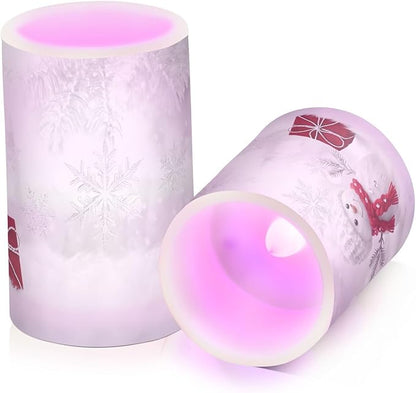 Christmas Lights Decorations Flameless Candles Snowman in Winter Pillar Candles Set of 2 Battery Operated Remote Control Warm Lights