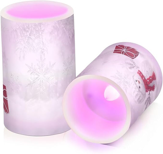 Christmas Lights Decorations Flameless Candles Snowman in Winter Pillar Candles Set of 2 Battery Operated Remote Control Warm Lights