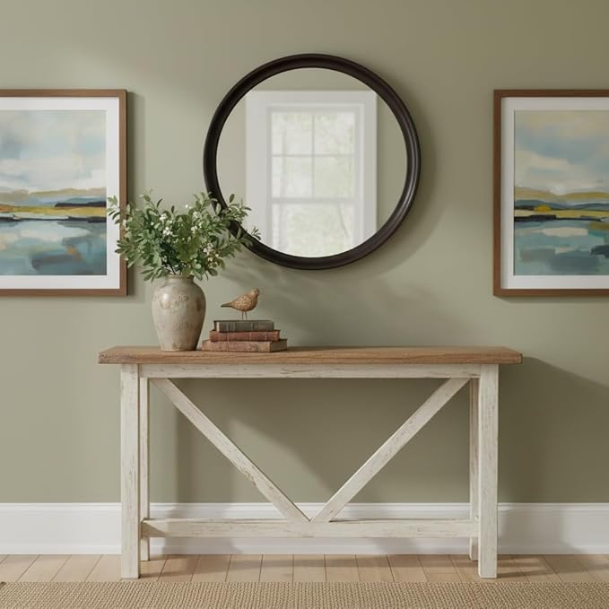 Round Mirrors 24 Inch,Rustic Decorative Transitional Dark Walnut Wall Mirror with Wood Grain for Bathroom,Farmhouse Hanging Vanity Mirror for Entryway Living Room or Bedroom