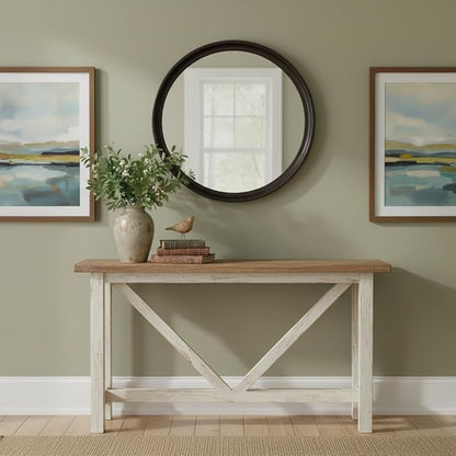 Round Mirrors 24 Inch,Rustic Decorative Transitional Dark Walnut Wall Mirror with Wood Grain for Bathroom,Farmhouse Hanging Vanity Mirror for Entryway Living Room or Bedroom
