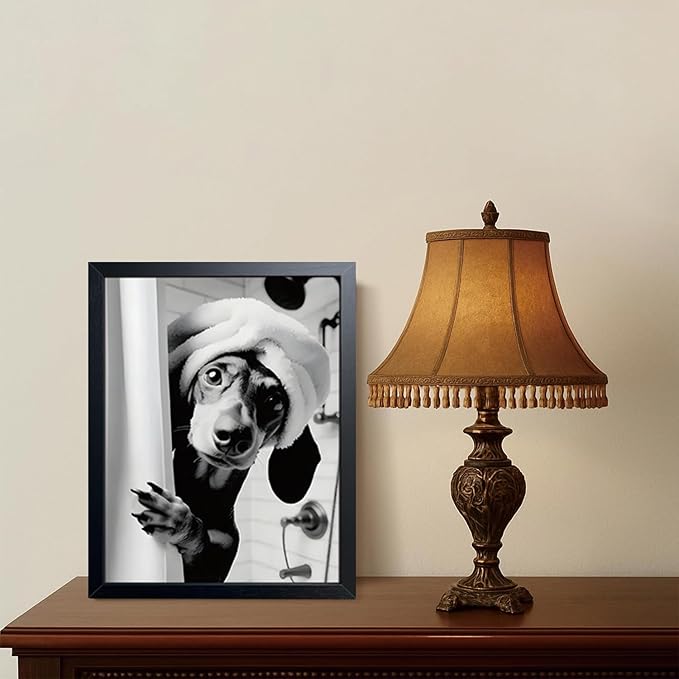 XYHYRA Black and White Bathroom Wall Art, Funny Dachshund Canvas Prints Poster, Cute Animal Wall Decor Picture, Modern Farmhouse Restroom Bathroom Home Decoration 12x16 Inch Wood Framed