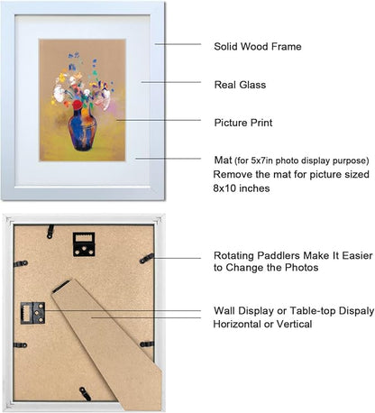 8x10 Picture Frame Set of 2 Made of Solid Wood Photo Frame with Real Glass for Pictures 5x7 with Mat or 8x10 Without Mat, Wall Mount or Tabletop Gallery Photo Frames in White