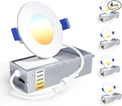 Ensenior 4 Pack 3 Inch LED Recessed Light, Dimmable, 2700K-5000K 5CCT, 500LM High Brightness, 6W 120V, Damp Rated, Ultra-Thin Canless Wafer Light - ETL & FCC & IC