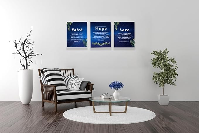 Faith, Hope & Love Bible Verse Inspirational Wall Art, Christian Canvas Decor Gift for Living Room Bedroom (8 X 10in X 3 pcs) Framed (Starry Sky)
